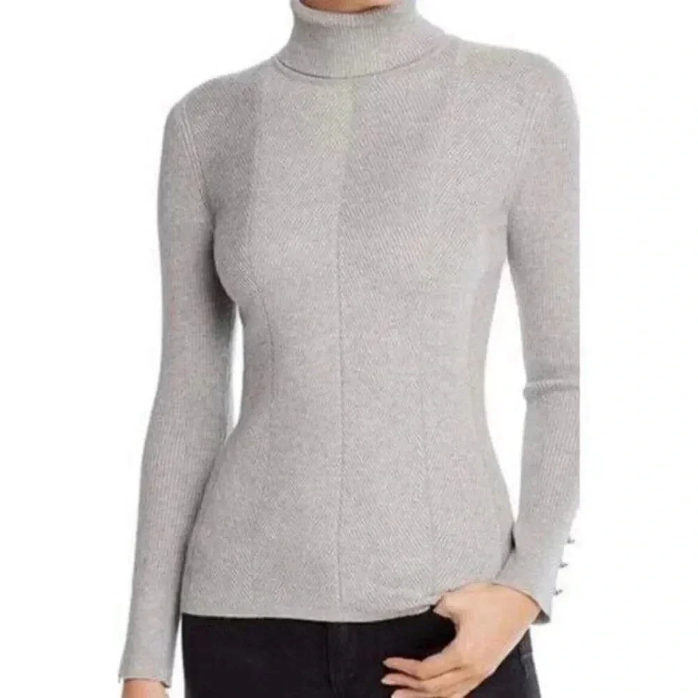 Tahari Light Gray Fitted Ribbed Turtleneck Button Sleeve Sweater S